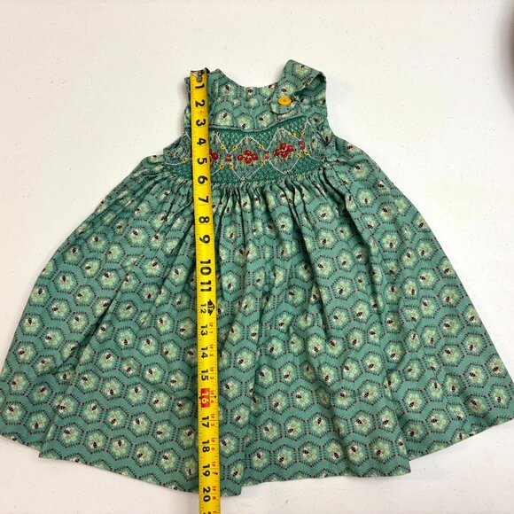 Vintage Handmade Smocked Baby Dress | Green Floral Print with Embroidered Detail - Picture 3 of 6